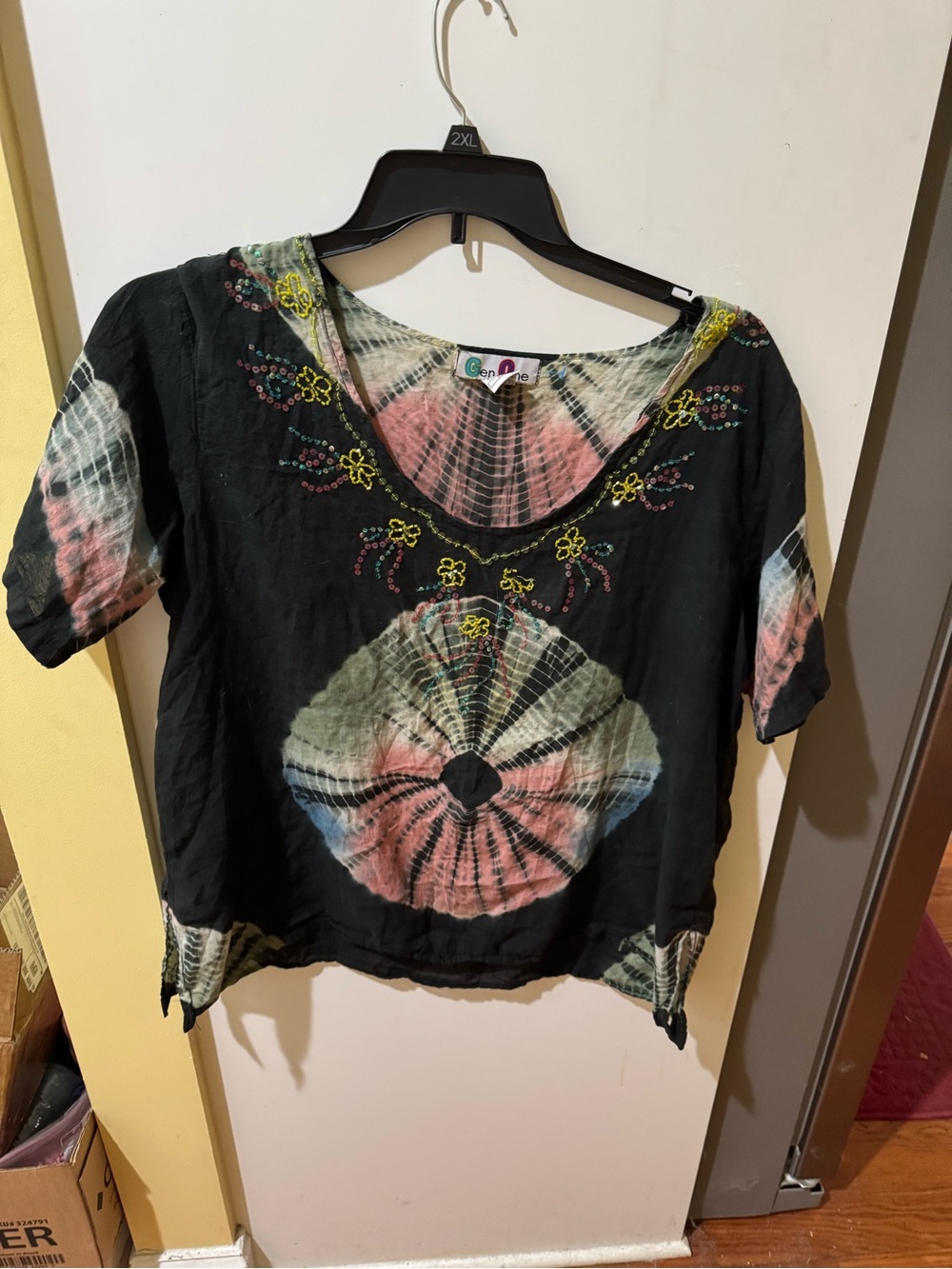 Gen One Black Tie-Dye Short Sleeve Scoop Neck Top with Pink and Green Accen